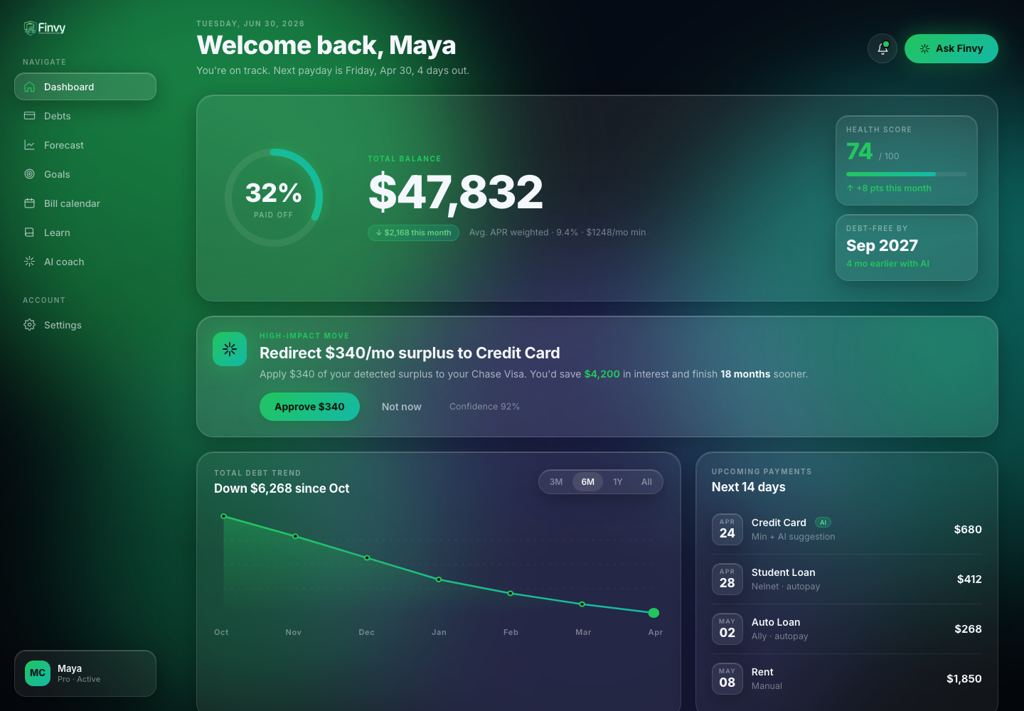 Finvy app snapshot showing payoff progress and a suggested next move.
