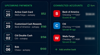 Finvy dashboard showing upcoming payments and connected financial accounts.